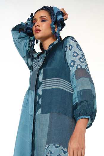 Buy CAPISVIRLEO Blue Silk Mandarin Collar Aveline Patchwork Dress Set Buy_CAPISVIRLEO_Blue Silk Mandarin Collar Aveline Patchwork Dress Set