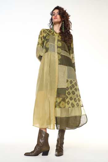 Shop CAPISVIRLEO Green Silk Mandarin Collar Aveline Patchwork Dress Set Online at Aza Fashions Shop_CAPISVIRLEO_Green Silk Mandarin Collar Aveline Patchwork Dress Set _Online_at_Aza_Fashions
