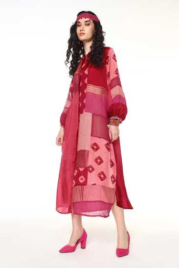 CAPISVIRLEO_Pink Silk Mandarin Collar Aveline Patchwork Midi Dress Set _Online_at_Aza_Fashions