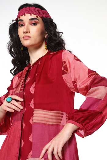 Buy_CAPISVIRLEO_Pink Silk Mandarin Collar Aveline Patchwork Midi Dress Set _Online_at_Aza_Fashions