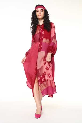 Shop_CAPISVIRLEO_Pink Silk Mandarin Collar Aveline Patchwork Midi Dress Set _Online_at_Aza_Fashions