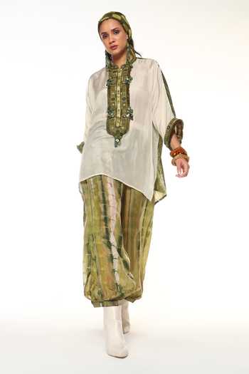 CAPISVIRLEO_Off White Silk Mandarin Collar Azalea Shirt And Alesta Tie Dye Balloon Pant Set _Online_at_Aza_Fashions