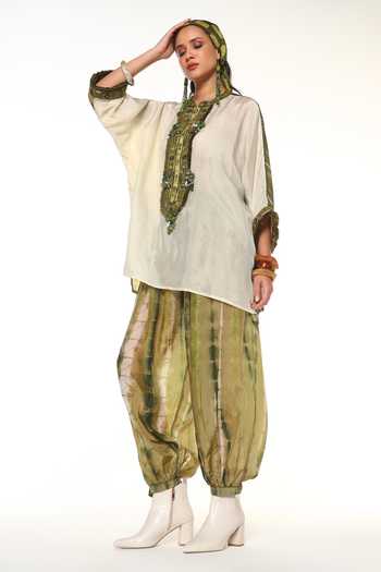 Buy_CAPISVIRLEO_Off White Silk Mandarin Collar Azalea Shirt And Alesta Tie Dye Balloon Pant Set _Online_at_Aza_Fashions