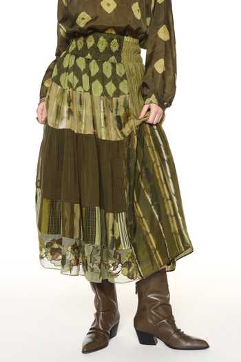 Shop_CAPISVIRLEO_Olive Green Chanderi Silk Embroidery Cora Panelled Skirt _Online_at_Aza_Fashions