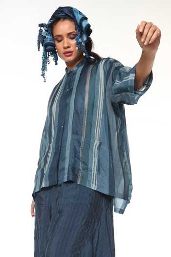 Buy CAPISVIRLEO Blue Silk Mandarin Collar Dendro Panelled Shirt Online at Aza Fashions Buy_CAPISVIRLEO_Blue Silk Mandarin Collar Dendro Panelled Shirt _Online_at_Aza_Fashions