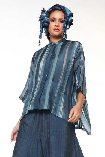 Shop CAPISVIRLEO Blue Silk Mandarin Collar Dendro Panelled Shirt Online at Aza Fashions Shop_CAPISVIRLEO_Blue Silk Mandarin Collar Dendro Panelled Shirt _Online_at_Aza_Fashions