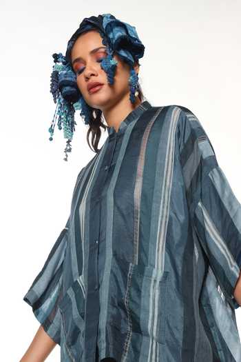 Buy CAPISVIRLEO Blue Silk Mandarin Collar Dendro Panelled Shirt Buy_CAPISVIRLEO_Blue Silk Mandarin Collar Dendro Panelled Shirt