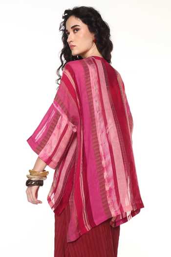 CAPISVIRLEO Pink Silk Mandarin Collar Dendro Panelled Shirt Online at Aza Fashions CAPISVIRLEO_Pink Silk Mandarin Collar Dendro Panelled Shirt _Online_at_Aza_Fashions