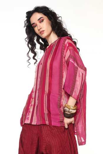 Buy CAPISVIRLEO Pink Silk Mandarin Collar Dendro Panelled Shirt Online at Aza Fashions Buy_CAPISVIRLEO_Pink Silk Mandarin Collar Dendro Panelled Shirt _Online_at_Aza_Fashions