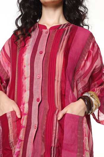 CAPISVIRLEO Pink Silk Mandarin Collar Dendro Panelled Shirt at Aza Fashions CAPISVIRLEO_Pink Silk Mandarin Collar Dendro Panelled Shirt _at_Aza_Fashions