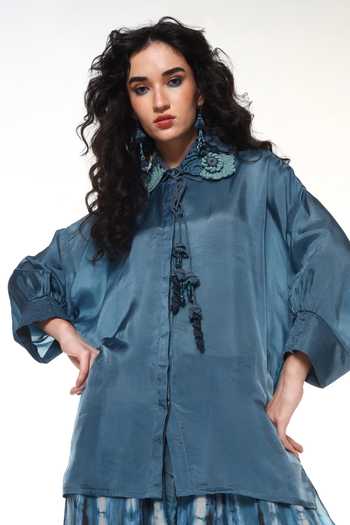 Shop CAPISVIRLEO Blue Silk Collared Neck Elara Crochet Shirt Online at Aza Fashions Shop_CAPISVIRLEO_Blue Silk Collared Neck Elara Crochet Shirt _Online_at_Aza_Fashions