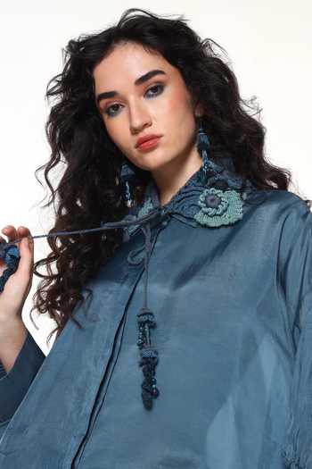 CAPISVIRLEO Blue Silk Collared Neck Elara Crochet Shirt at Aza Fashions CAPISVIRLEO_Blue Silk Collared Neck Elara Crochet Shirt _at_Aza_Fashions