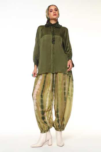 CAPISVIRLEO Olive Green Silk High Neck Elara Crochet Collar Shirt Online at Aza Fashions CAPISVIRLEO_Olive Green Silk High Neck Elara Crochet Collar Shirt _Online_at_Aza_Fashions