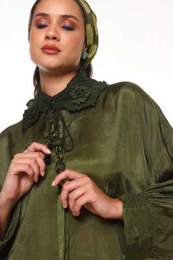 CAPISVIRLEO Olive Green Silk High Neck Elara Crochet Collar Shirt at Aza Fashions CAPISVIRLEO_Olive Green Silk High Neck Elara Crochet Collar Shirt _at_Aza_Fashions
