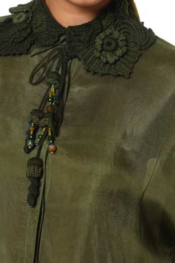 Buy CAPISVIRLEO Olive Green Silk High Neck Elara Crochet Collar Shirt Buy_CAPISVIRLEO_Olive Green Silk High Neck Elara Crochet Collar Shirt