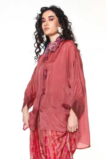 Shop CAPISVIRLEO Pink Silk High Neck Elara Crochet Collar Shirt Online at Aza Fashions Shop_CAPISVIRLEO_Pink Silk High Neck Elara Crochet Collar Shirt _Online_at_Aza_Fashions