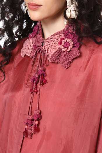 Buy CAPISVIRLEO Pink Silk High Neck Elara Crochet Collar Shirt Buy_CAPISVIRLEO_Pink Silk High Neck Elara Crochet Collar Shirt