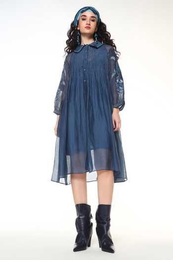 CAPISVIRLEO Blue Chanderi Silk Collared Neck Ivy Dress With Inner Online at Aza Fashions CAPISVIRLEO_Blue Chanderi Silk Collared Neck Ivy Dress With Inner _Online_at_Aza_Fashions