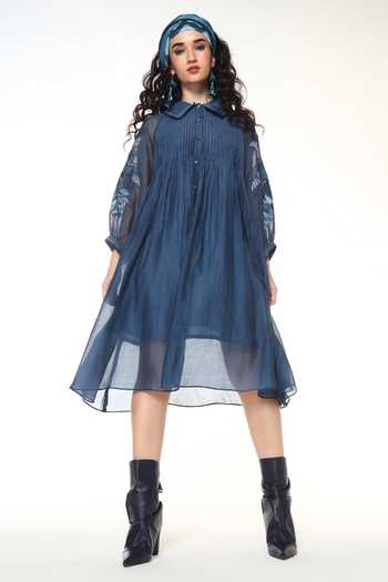 Buy CAPISVIRLEO Blue Chanderi Silk Collared Neck Ivy Dress With Inner Online at Aza Fashions Buy_CAPISVIRLEO_Blue Chanderi Silk Collared Neck Ivy Dress With Inner _Online_at_Aza_Fashions