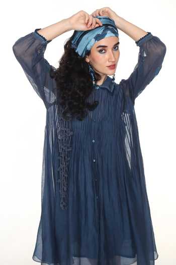 Shop CAPISVIRLEO Blue Chanderi Silk Collared Neck Ivy Dress With Inner Online at Aza Fashions Shop_CAPISVIRLEO_Blue Chanderi Silk Collared Neck Ivy Dress With Inner _Online_at_Aza_Fashions