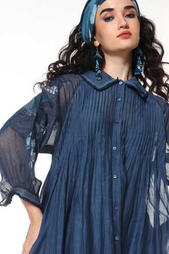 CAPISVIRLEO Blue Chanderi Silk Collared Neck Ivy Dress With Inner at Aza Fashions CAPISVIRLEO_Blue Chanderi Silk Collared Neck Ivy Dress With Inner _at_Aza_Fashions