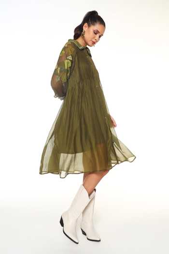 Buy CAPISVIRLEO Olive Green Chanderi Silk Collared Neck Iivy Dress With Inner Online at Aza Fashions Buy_CAPISVIRLEO_Olive Green Chanderi Silk Collared Neck Iivy Dress With Inner _Online_at_Aza_Fashions