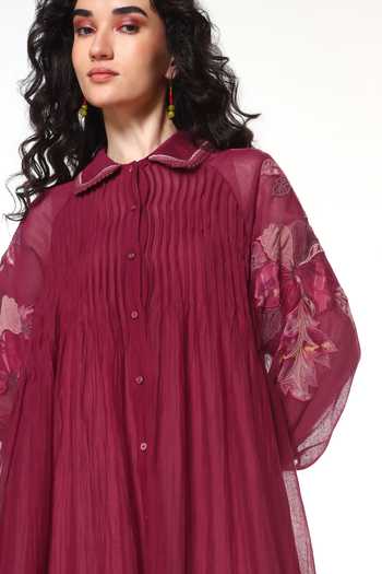 Shop CAPISVIRLEO Pink Chanderi Silk Collared Neck Ivy Dress With Inner Online at Aza Fashions Shop_CAPISVIRLEO_Pink Chanderi Silk Collared Neck Ivy Dress With Inner _Online_at_Aza_Fashions