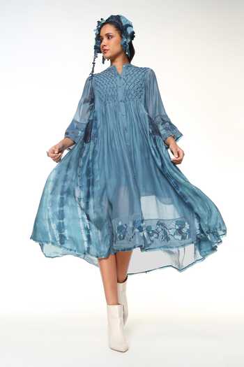 CAPISVIRLEO Blue , Chanderi Button-down Neck Kael Smocked Dress With Inner Online at Aza Fashions CAPISVIRLEO_Blue , Chanderi Button-down Neck Kael Smocked Dress With Inner _Online_at_Aza_Fashions