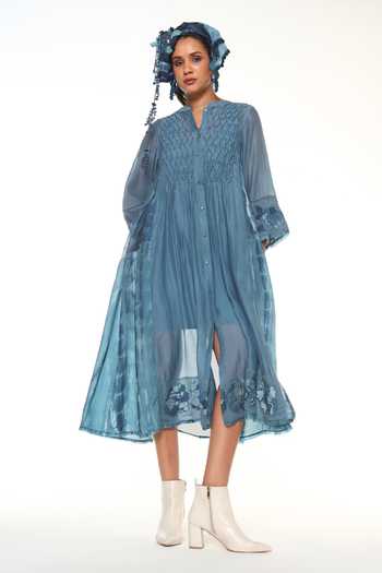 Buy CAPISVIRLEO Blue , Chanderi Button-down Neck Kael Smocked Dress With Inner Online at Aza Fashions Buy_CAPISVIRLEO_Blue , Chanderi Button-down Neck Kael Smocked Dress With Inner _Online_at_Aza_Fashions