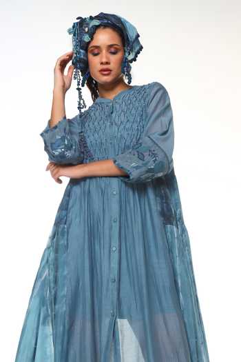 Shop CAPISVIRLEO Blue , Chanderi Button-down Neck Kael Smocked Dress With Inner Online at Aza Fashions Shop_CAPISVIRLEO_Blue , Chanderi Button-down Neck Kael Smocked Dress With Inner _Online_at_Aza_Fashions