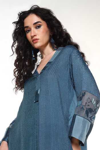 Buy CAPISVIRLEO Blue Silk V-neck Seria Pintucked Long Shirt Tunic Online at Aza Fashions Buy_CAPISVIRLEO_Blue Silk V-neck Seria Pintucked Long Shirt Tunic _Online_at_Aza_Fashions