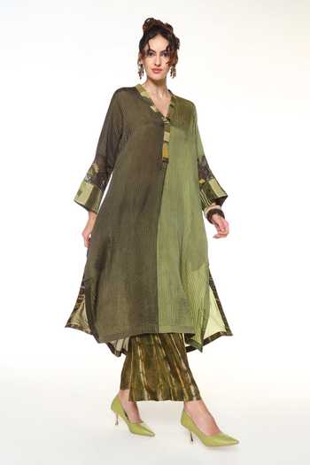 CAPISVIRLEO Olive Green Silk V-neck Seria Pintucked Long Shirt Tunic Online at Aza Fashions CAPISVIRLEO_Olive Green Silk V-neck Seria Pintucked Long Shirt Tunic _Online_at_Aza_Fashions