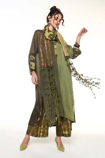 Shop CAPISVIRLEO Olive Green Silk V-neck Seria Pintucked Long Shirt Tunic Online at Aza Fashions Shop_CAPISVIRLEO_Olive Green Silk V-neck Seria Pintucked Long Shirt Tunic _Online_at_Aza_Fashions