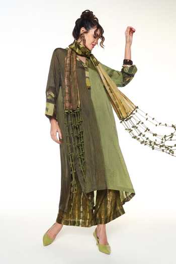 CAPISVIRLEO Olive Green Silk V-neck Seria Pintucked Long Shirt Tunic at Aza Fashions CAPISVIRLEO_Olive Green Silk V-neck Seria Pintucked Long Shirt Tunic _at_Aza_Fashions