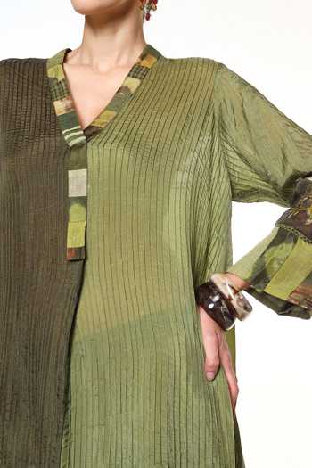 Buy CAPISVIRLEO Olive Green Silk V-neck Seria Pintucked Long Shirt Tunic Buy_CAPISVIRLEO_Olive Green Silk V-neck Seria Pintucked Long Shirt Tunic