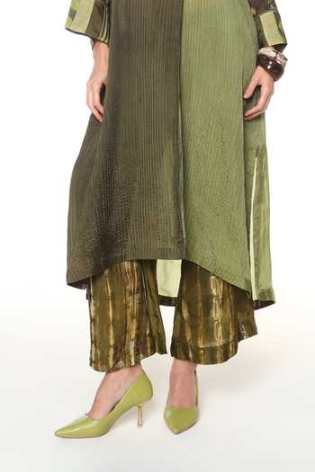 Buy_CAPISVIRLEO_Olive Green Silk V-neck, Yes Seria Shirt Tunic And Helio Pant Set _Online_at_Aza_Fashions