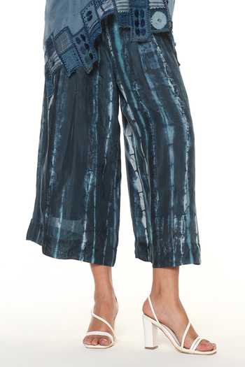 CAPISVIRLEO_Blue Silk Split V-neck Sylvie Shirt Elowen With Wide Leg Pant _Online_at_Aza_Fashions