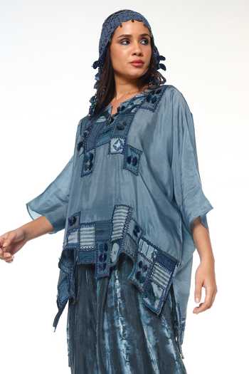 Buy_CAPISVIRLEO_Blue Silk Split V-neck Sylvie Shirt Elowen With Wide Leg Pant _Online_at_Aza_Fashions
