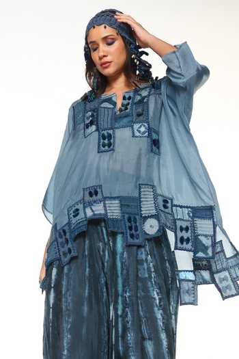 Shop_CAPISVIRLEO_Blue Silk Split V-neck Sylvie Shirt Elowen With Wide Leg Pant _Online_at_Aza_Fashions