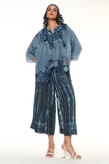 CAPISVIRLEO_Blue Silk Split V-neck Sylvie Shirt Elowen With Wide Leg Pant _at_Aza_Fashions