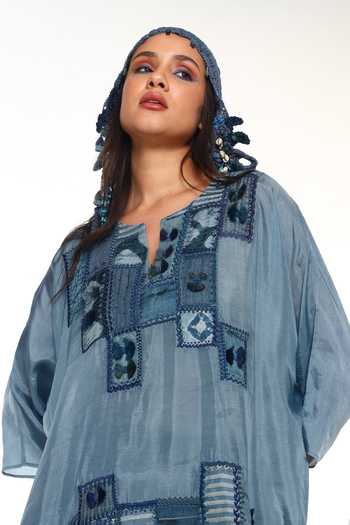 Buy_CAPISVIRLEO_Blue Silk Split V-neck Sylvie Shirt Elowen With Wide Leg Pant 
