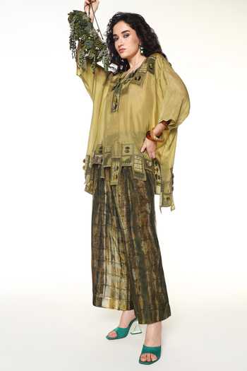 CAPISVIRLEO_Green Silk Split V-neck Sylvie Shirt Elowen With Wide Leg Pant _Online_at_Aza_Fashions