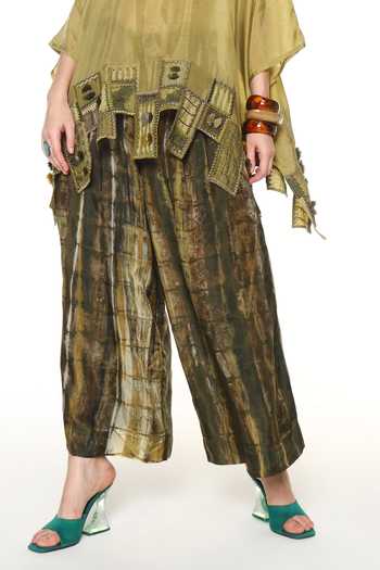Buy_CAPISVIRLEO_Green Silk Split V-neck Sylvie Shirt Elowen With Wide Leg Pant _Online_at_Aza_Fashions