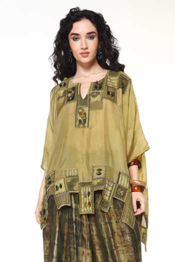 Shop_CAPISVIRLEO_Green Silk Split V-neck Sylvie Shirt Elowen With Wide Leg Pant _Online_at_Aza_Fashions
