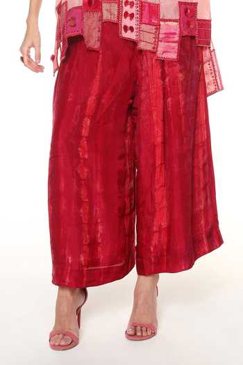 CAPISVIRLEO_Pink Silk Split V-neck Sylvie Shirt Elowen With Wide Leg Pant _Online_at_Aza_Fashions