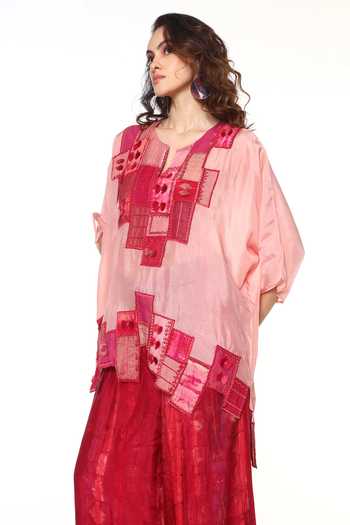Shop_CAPISVIRLEO_Pink Silk Split V-neck Sylvie Shirt Elowen With Wide Leg Pant _Online_at_Aza_Fashions
