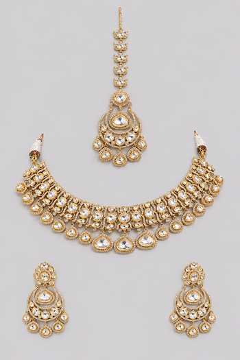 Shop Zevar By Geeta Gold Plated Studded Polki Necklace Set at Aza Fashions Shop_Zevar By Geeta_Gold Plated Studded Polki Necklace Set _at_Aza_Fashions