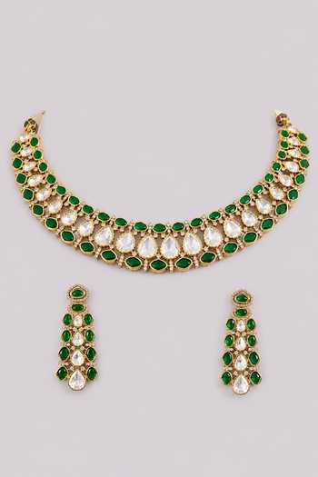 Zevar By Geeta Polki & Green Stone Studded Necklace Set 