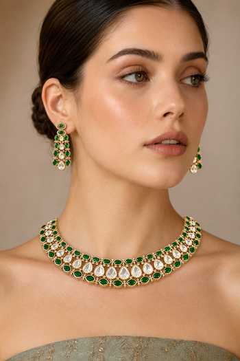 Zevar By Geeta Polki & Green Stone Studded Necklace Set 
