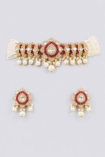 Zevar By Geeta Pearl Drop Studded Choker Necklace Set 